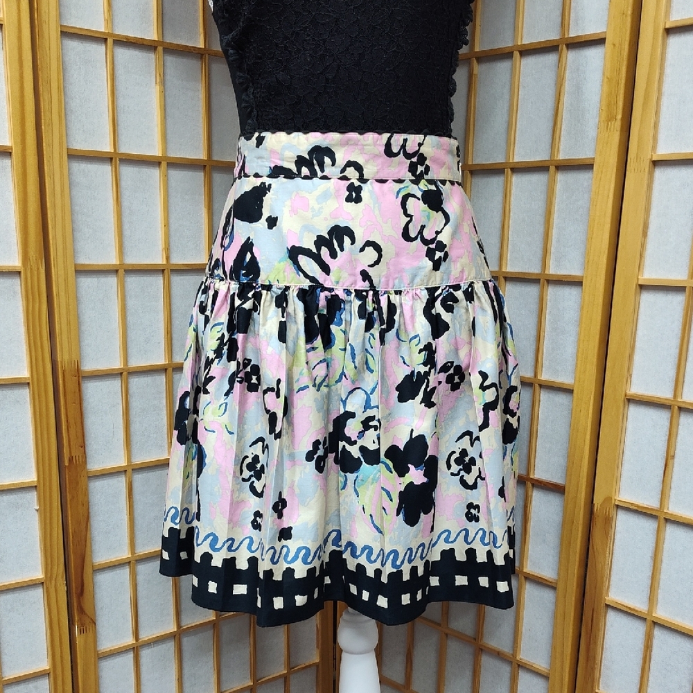 Anna Sui Elegant Pastel/Black Floral A-Line Skirt